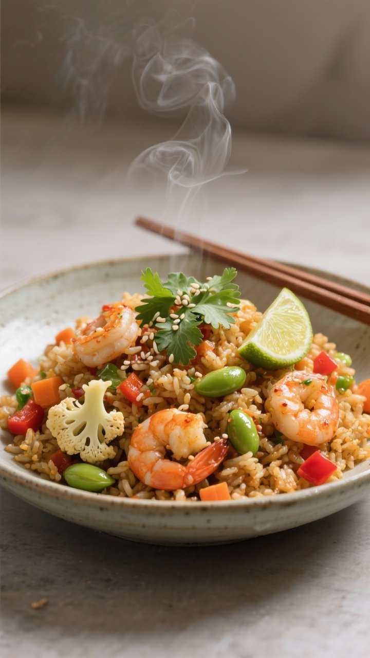 Final plated restaurant-style presentation of spicy cauliflower fried rice with optional protein add