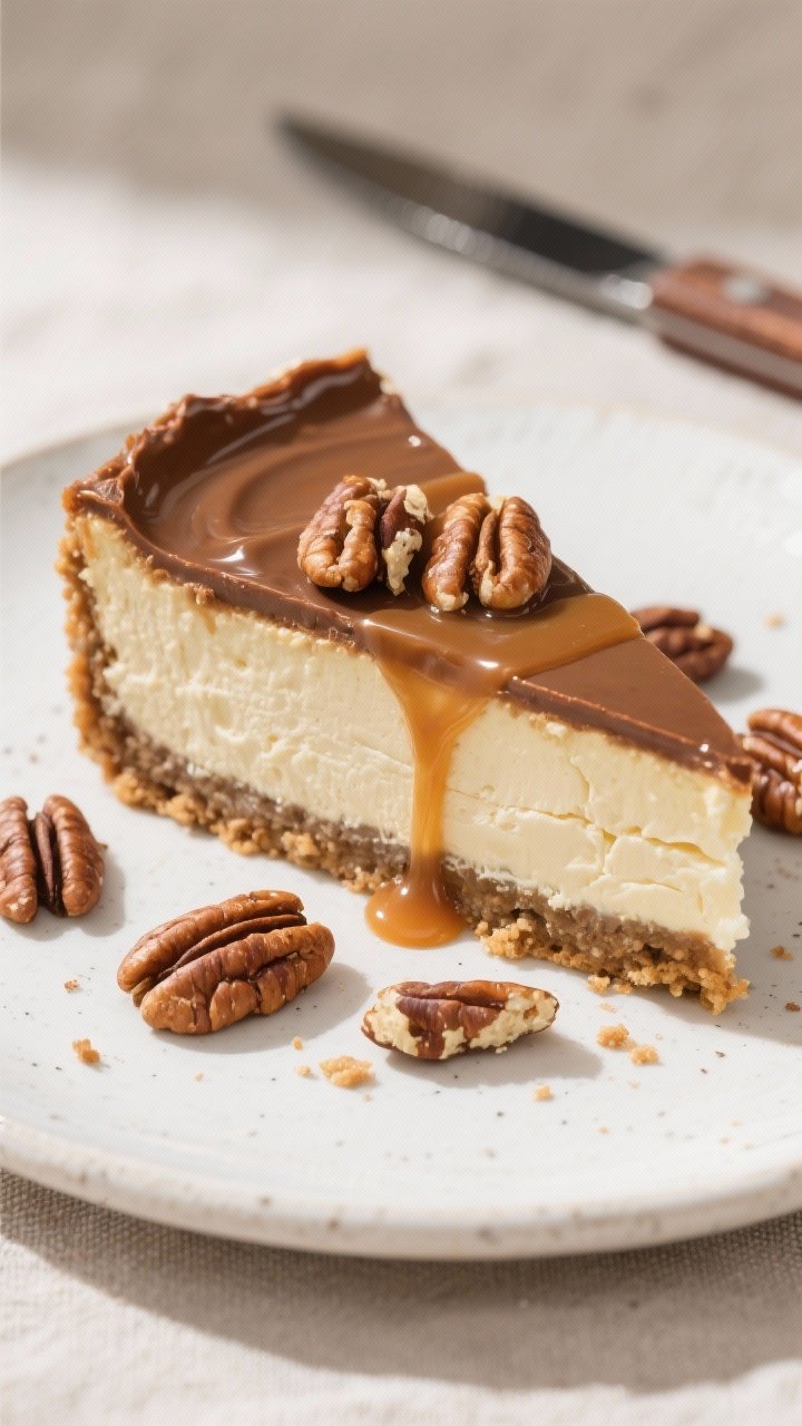 Final plated slice glamour shot: A single, clean-edged slice of turtle cheesecake on a white stonewa