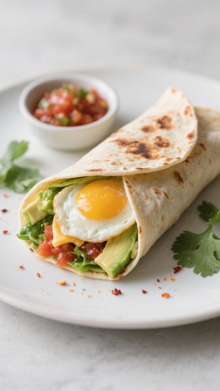 Final plated wrap: Egg and Avocado Wrap seared seam-side for a light crisp, sliced on a bias to reve