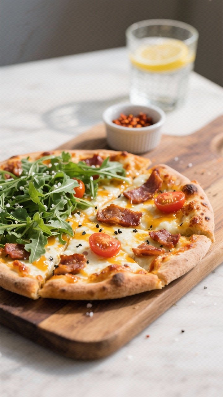 Final presentation: Beautifully plated breakfast pizza on a rustic wood board, sliced into wedges, t