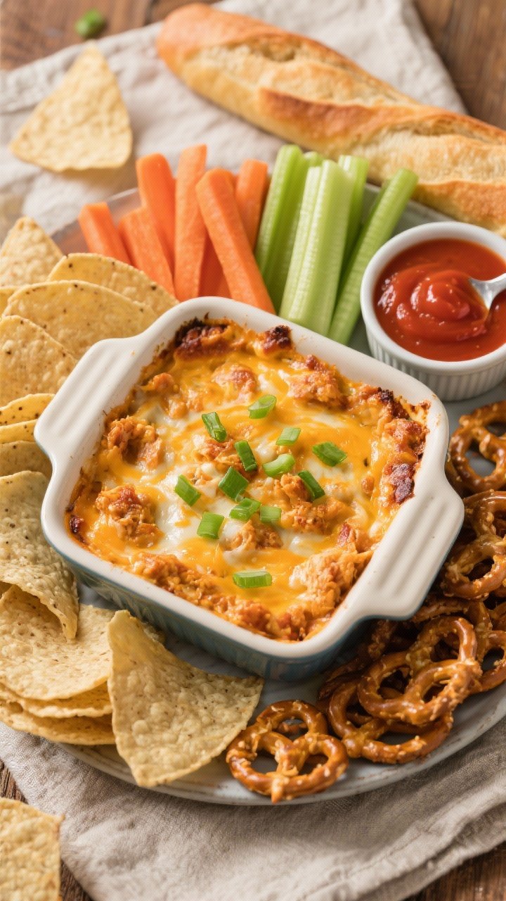 Final presentation: Game day spread with the finished Buffalo chicken dip baked in an 8x8 ceramic di
