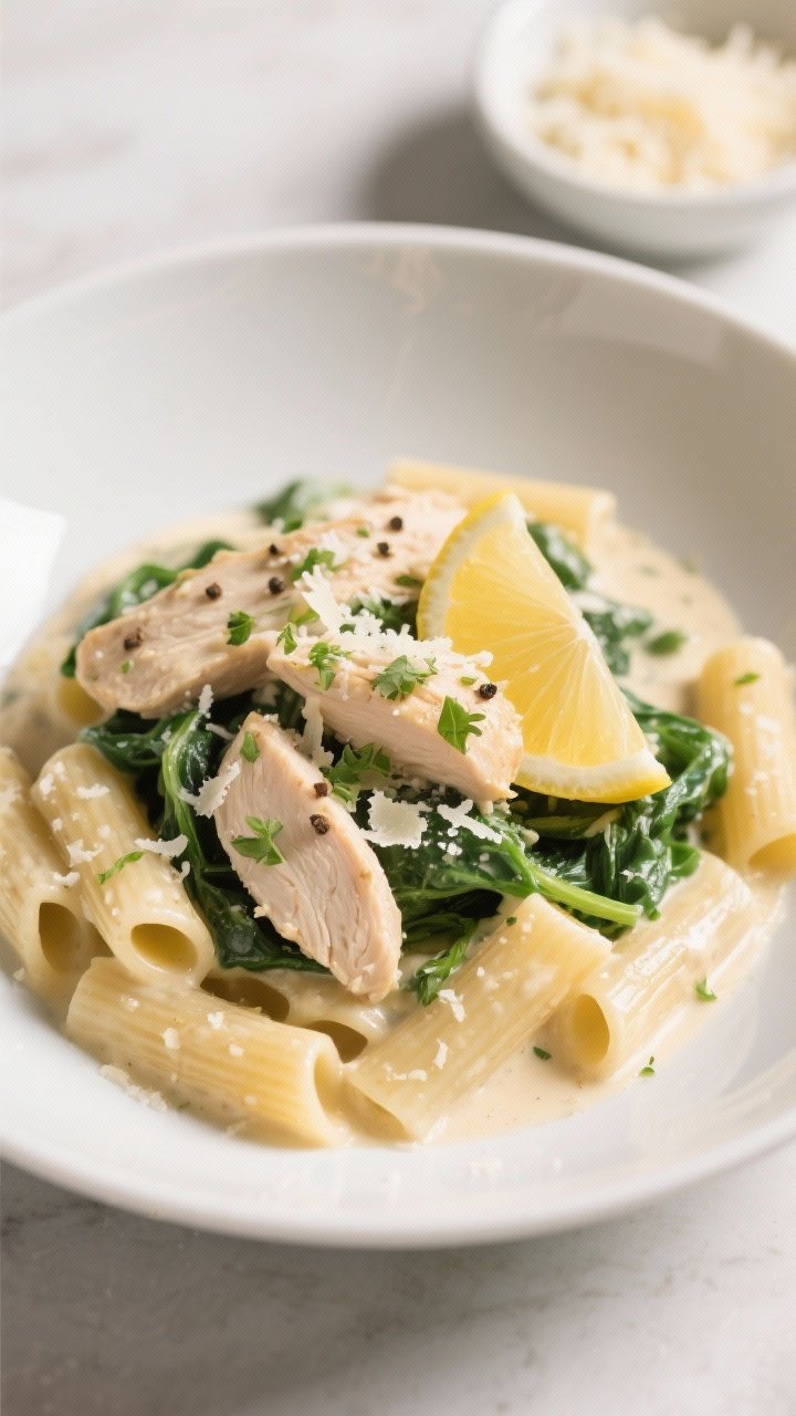 Final presentation: Restaurant-quality plated Creamy Chicken and Spinach Pasta on a wide, matte whit