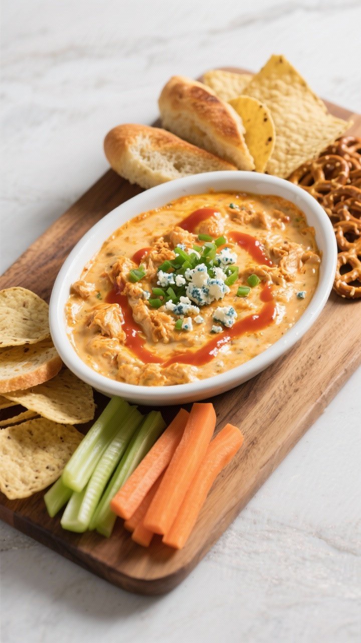 Final presentation: Restaurant-quality platter spread featuring the finished Buffalo chicken dip in 