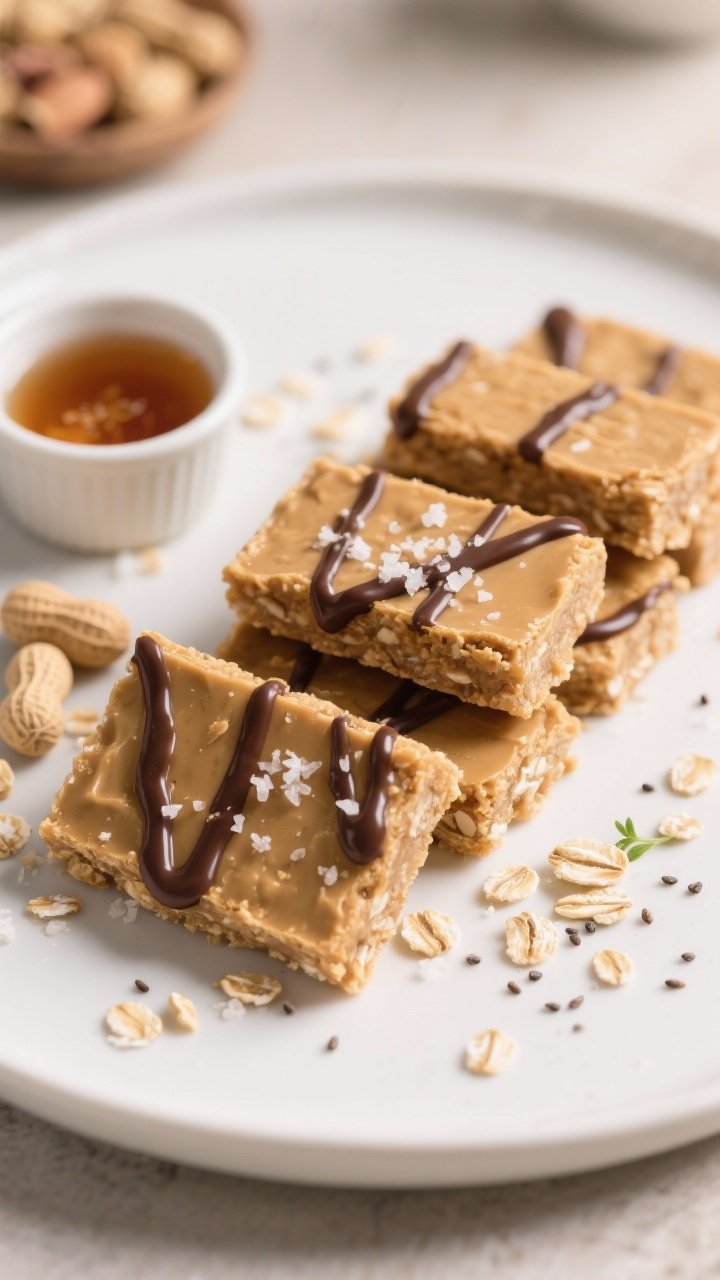 Final presentation shot: Beautifully plated Peanut Butter Oat Protein Bars cut into uniform rectangl
