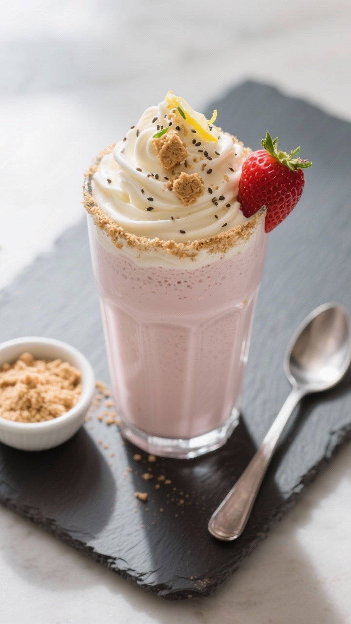 Final presentation shot: Restaurant-quality serving of the Strawberry Cheesecake Protein Powder Shak