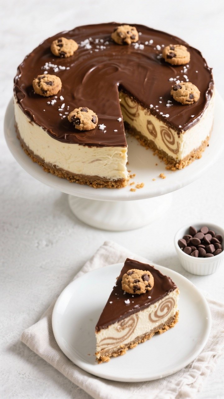 Final presentation top-down: Tasty overhead shot of the whole finished cheesecake on a white cake st