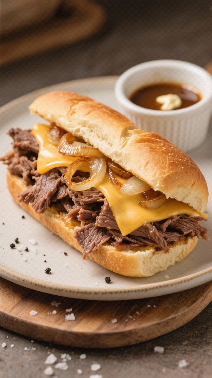 Final sandwich, side view hero shot: Beautifully assembled French dip sandwich on a toasted French r