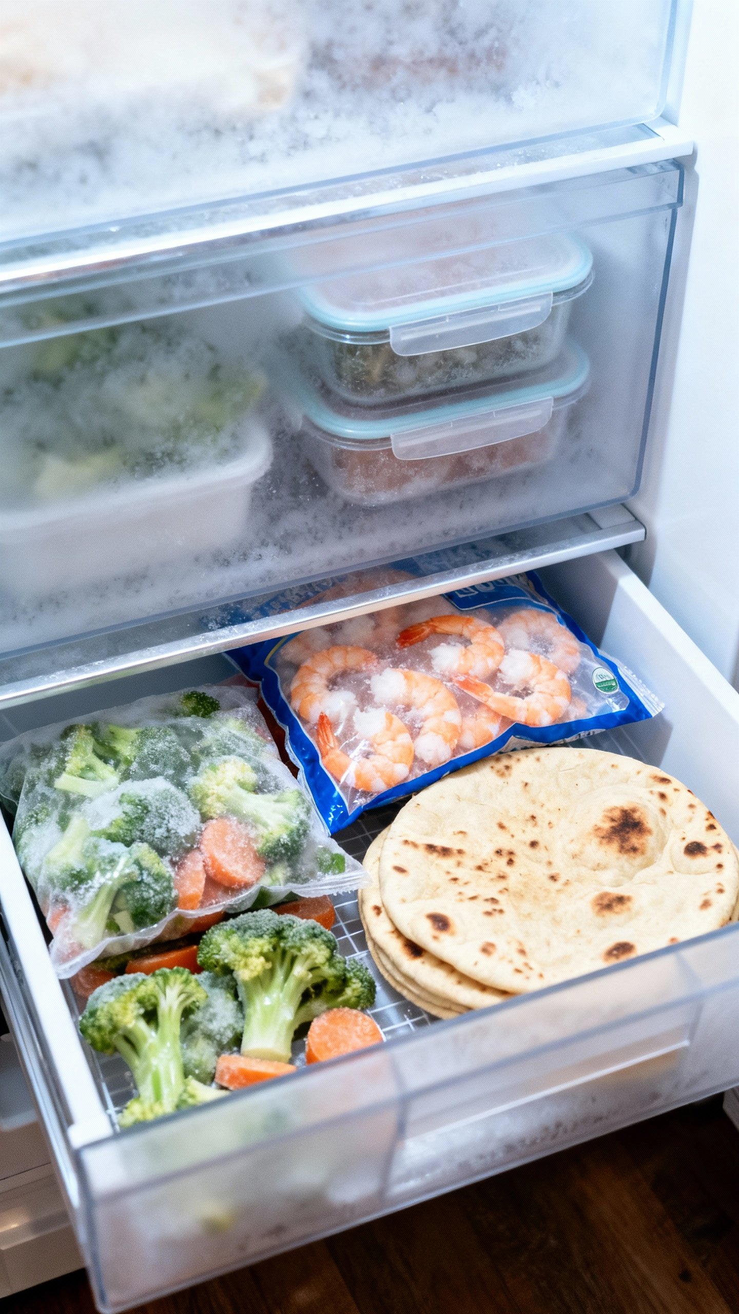 Freezer drawer open: frozen veg, shrimp bag, naan, neatly stacked containers