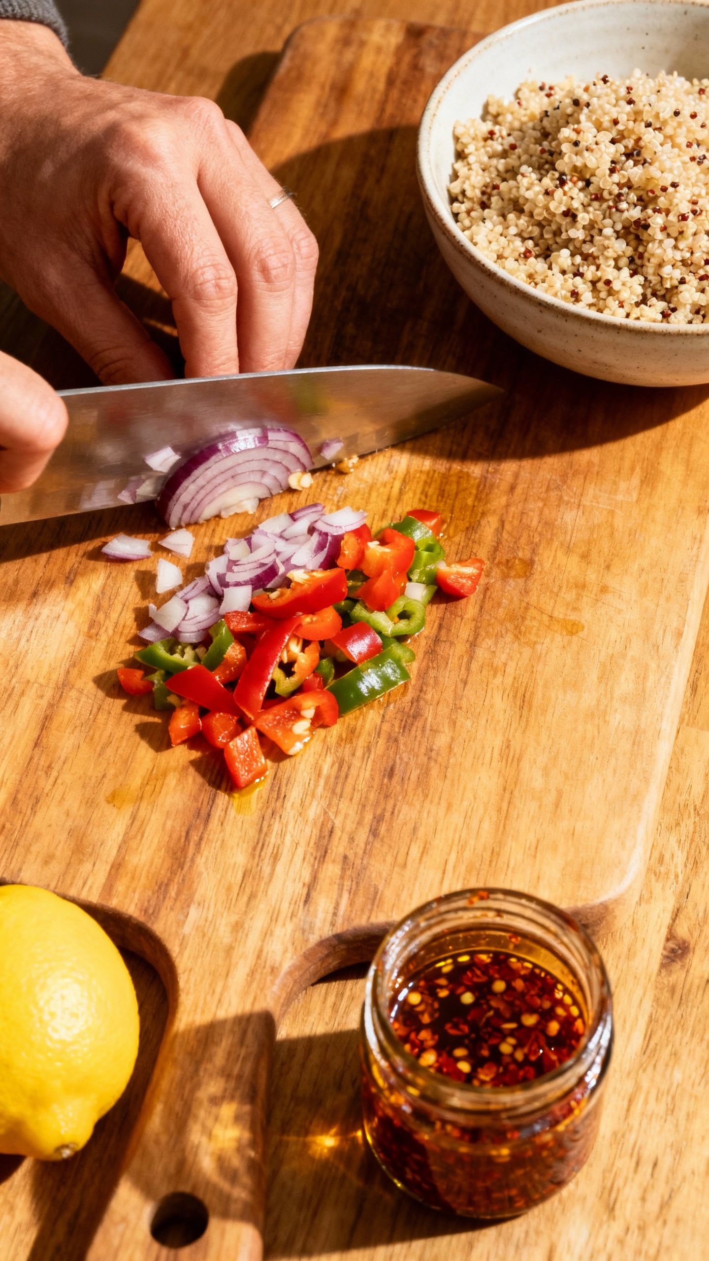 Hands chopping onions and peppers on wooden board, prepped quinoa cooling, lemon and chili crisp nea