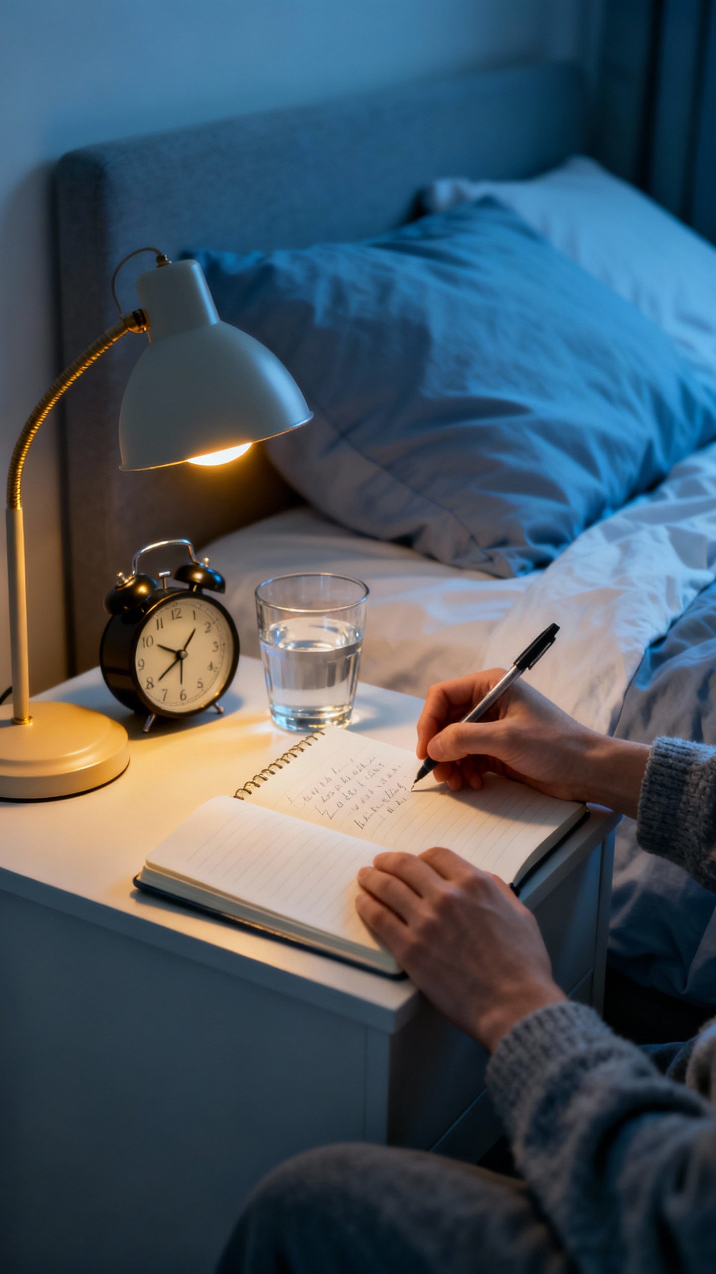 Hands journaling bedtime brain dump beside dim lamp, glass of water, analog alarm clock, cool-toned 