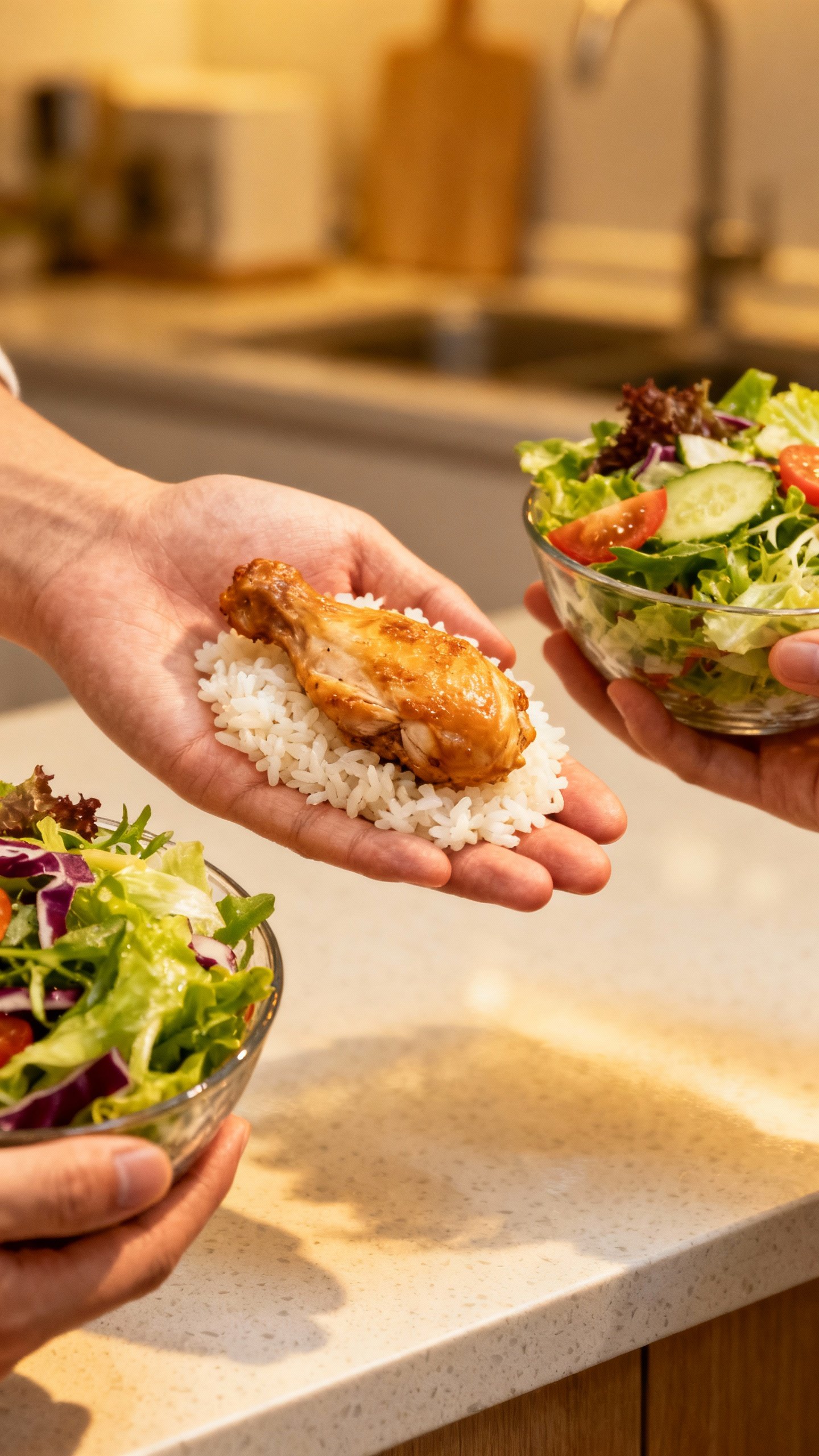Hands measuring portions: palm-sized chicken, cupped rice, two-fist salad
