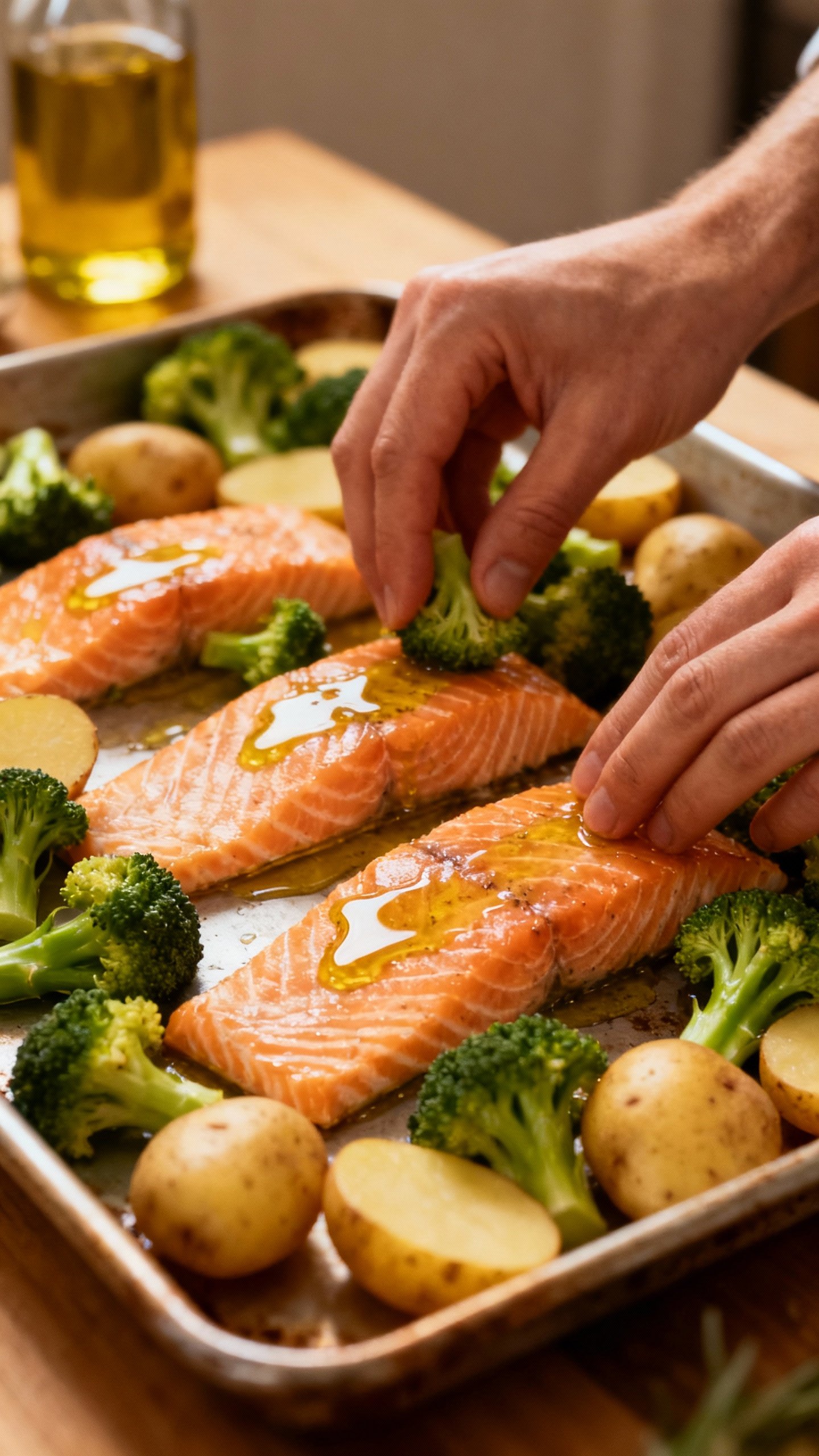 Hands prepping sheet-pan salmon with broccoli and potatoes, olive oil glistening