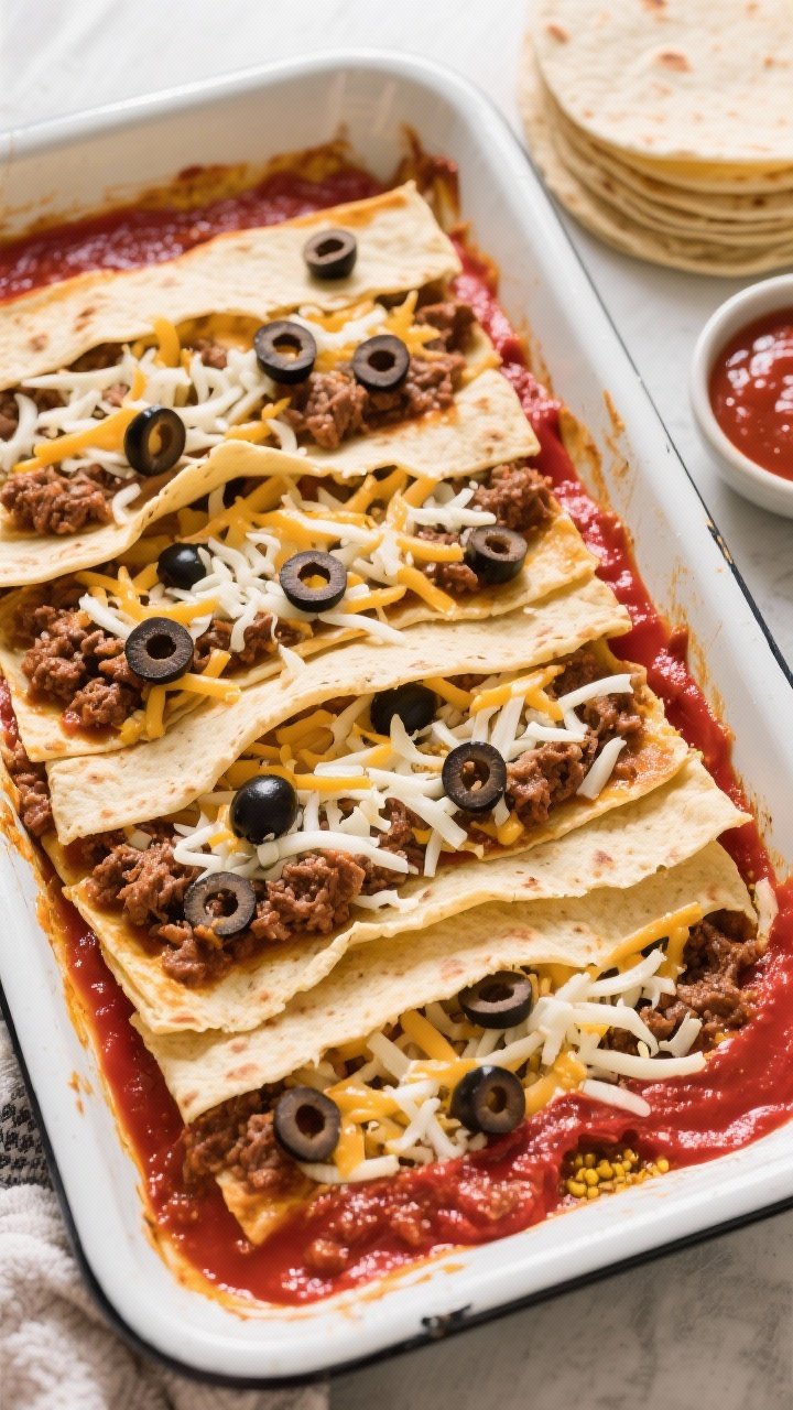 Layering shot, overhead: Assembly of the enchilada casserole in a 9x13 baking dish—corn tortillas 