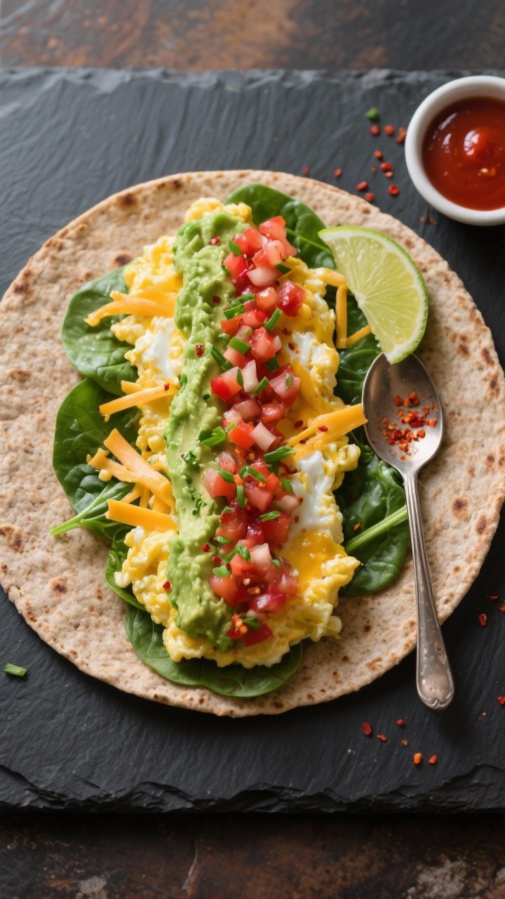 Overhead assembly shot: Warm 10-inch whole-wheat tortilla on a dark slate board, a stripe of mashed 