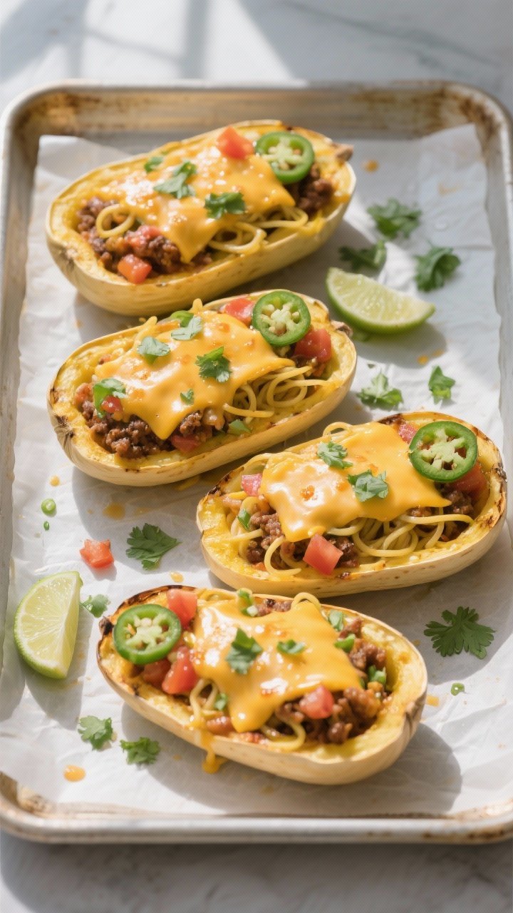 Overhead “boat” reveal: Top-down shot of four roasted spaghetti squash halves on a parchment-lin