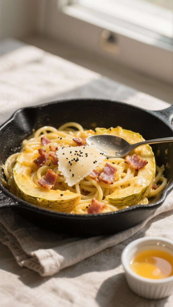 Overhead “carbonara magic” moment: Top-down shot of spaghetti squash strands tossed in the skill