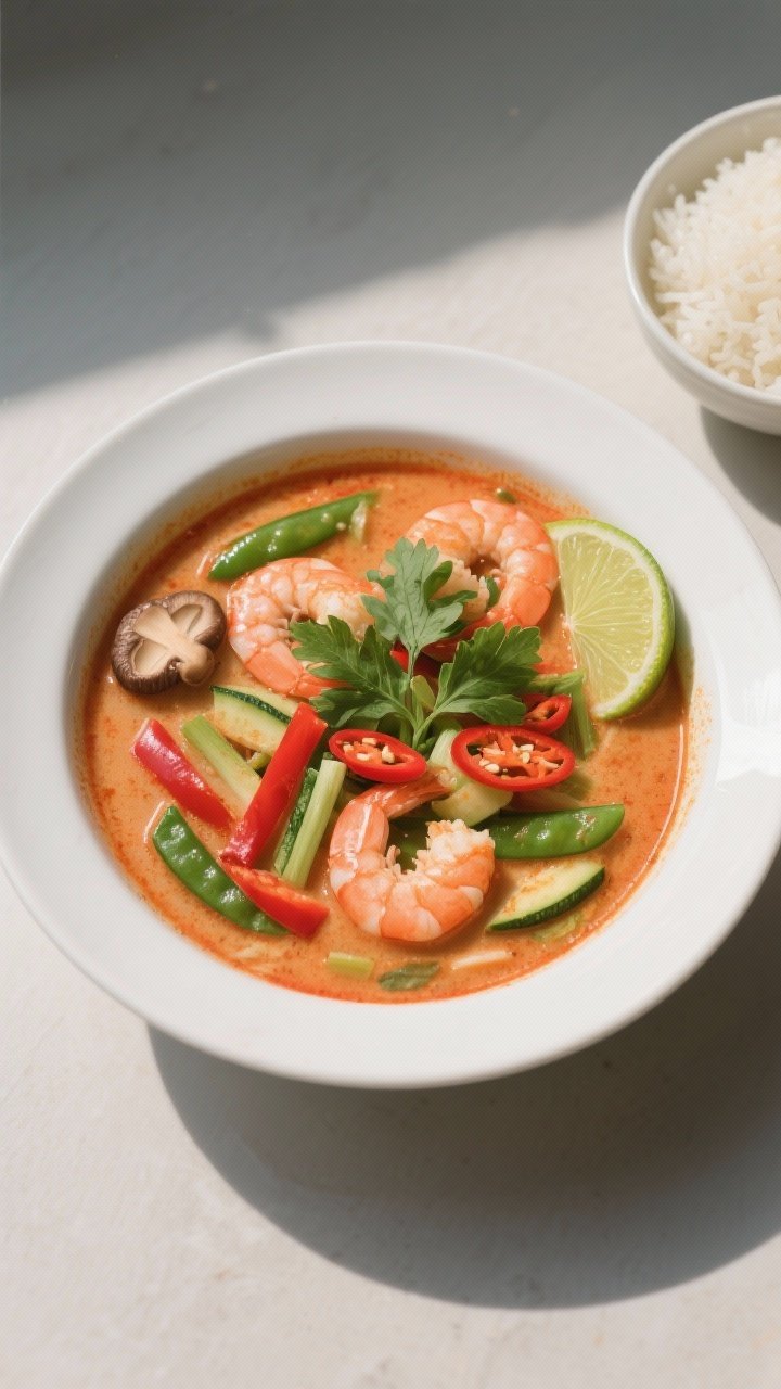 Overhead final bowl: Tasty top view of Thai Coconut Curry Soup with Shrimp and Vegetables ladled int