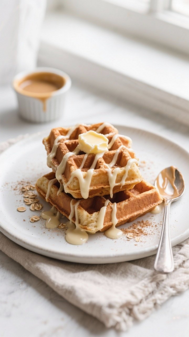 Overhead final dish shot: Two cinnamon roll protein waffles stacked on a matte white plate, generous