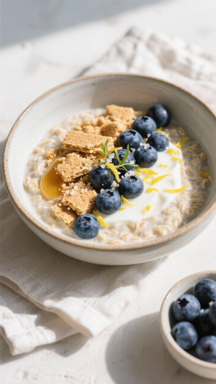 Overhead final presentation: beautifully styled “Blueberry Cheesecake” variation of overnight oa