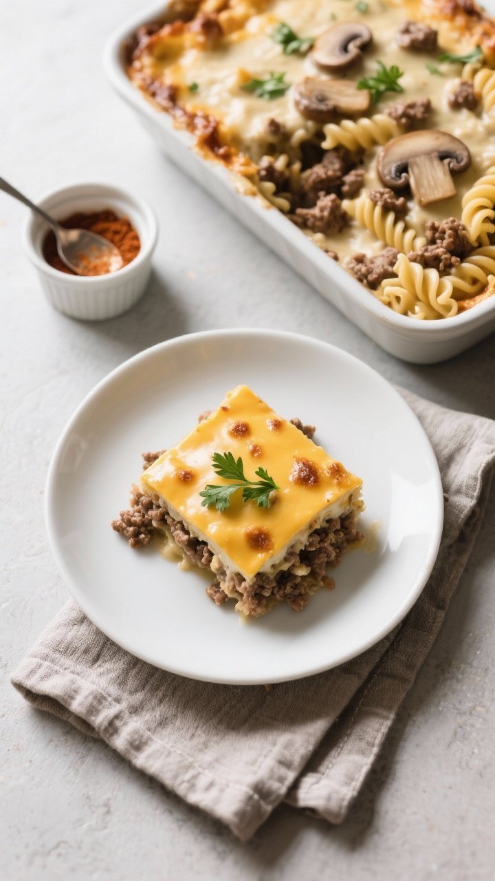 Overhead final presentation: Sliced portion of the creamy mushroom ground beef casserole served on a