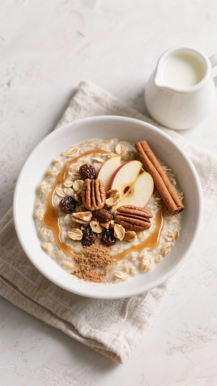 Overhead final presentation: Top-down, restaurant-quality bowl of Apple Cinnamon Protein Powder Oatm