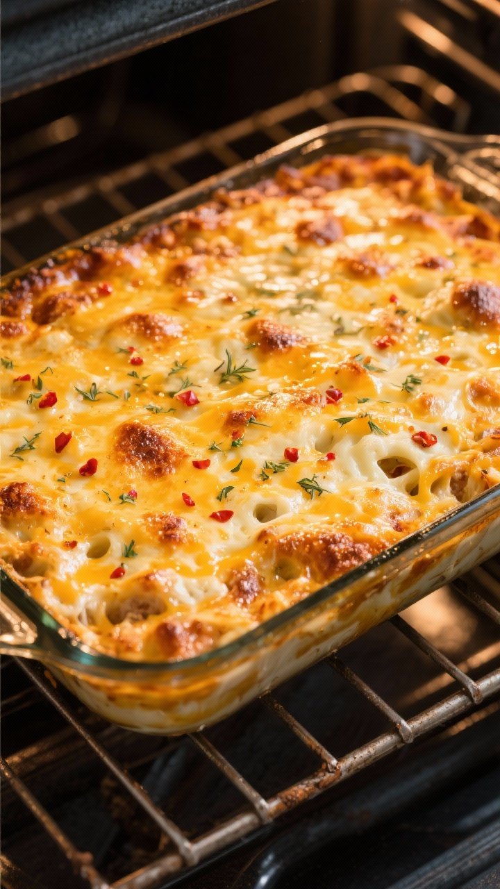 Overhead “in-the-oven” moment: 9x13 casserole mid-bake at 375°F, top layer of melted cheddar–