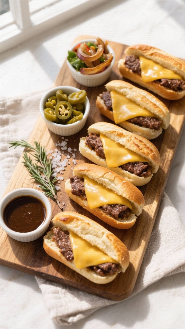 Overhead platter for sharing: Top-down shot of a board with 4–5 mini French dip sandwiches on toas
