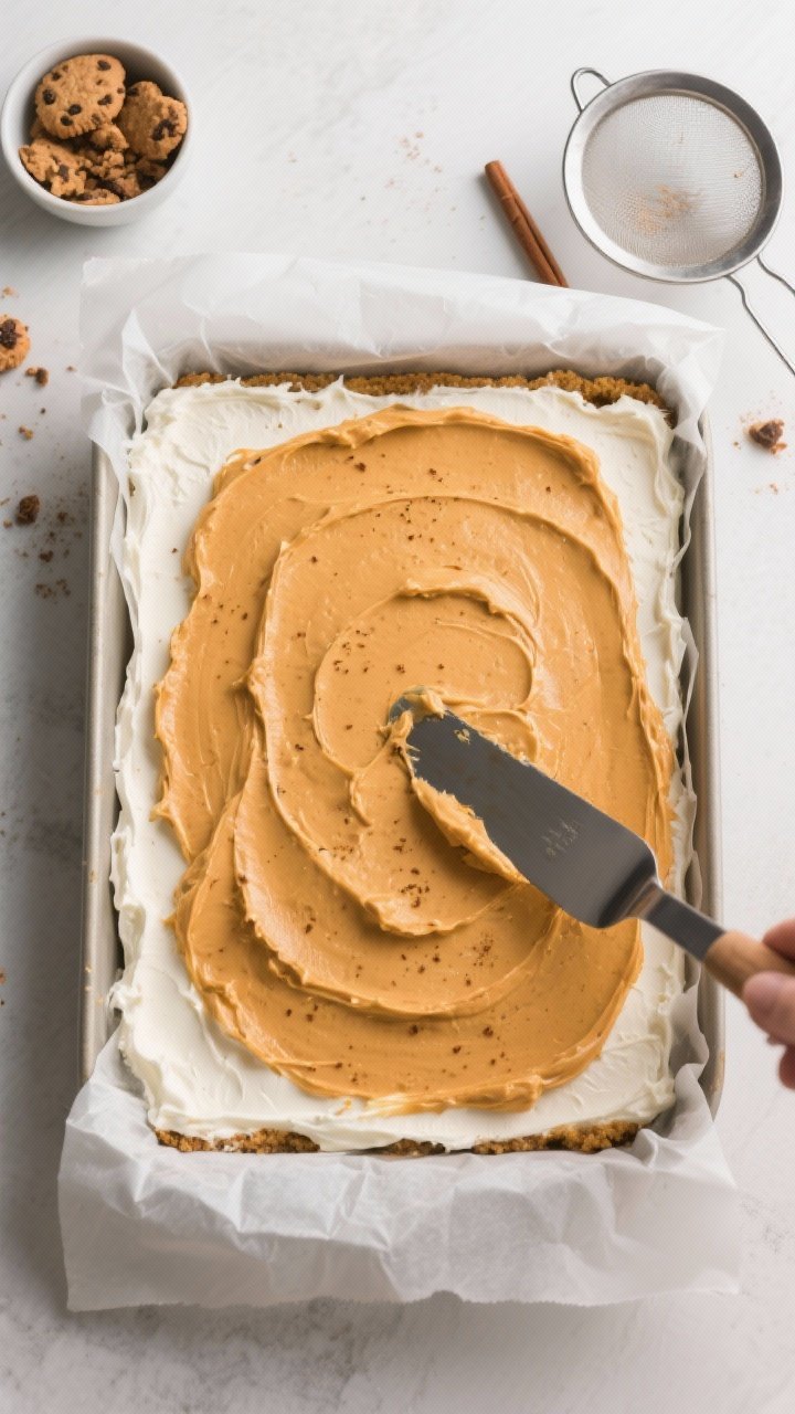 Overhead process shot: The “Layer it up” step in a 9x13 parchment-lined dish—smooth cream chee
