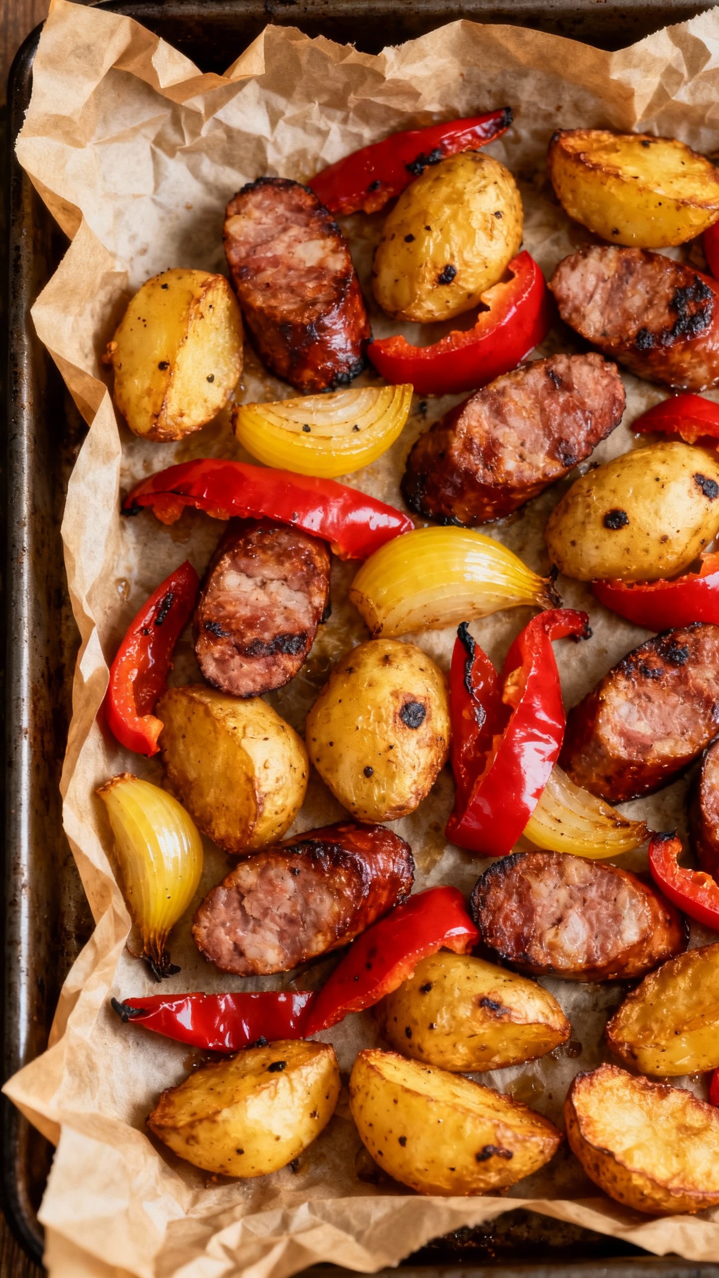 Overhead sheet-pan: browned sausage, peppers, onions, crispy potatoes, parchment