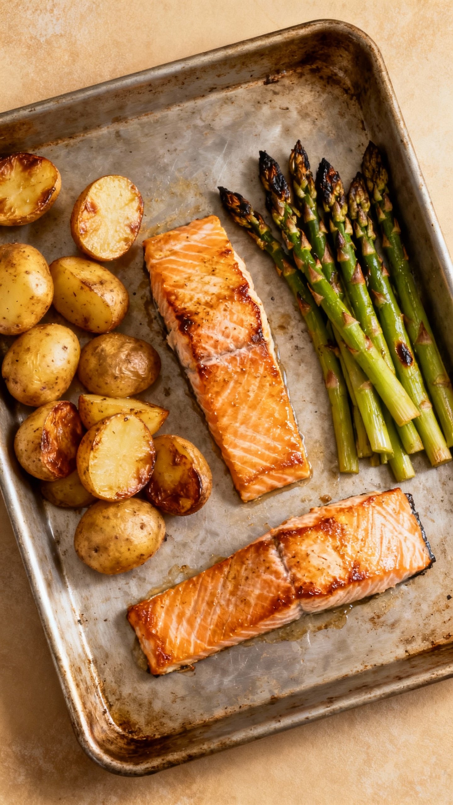 Overhead sheet-pan salmon with potatoes and asparagus, crispy edges