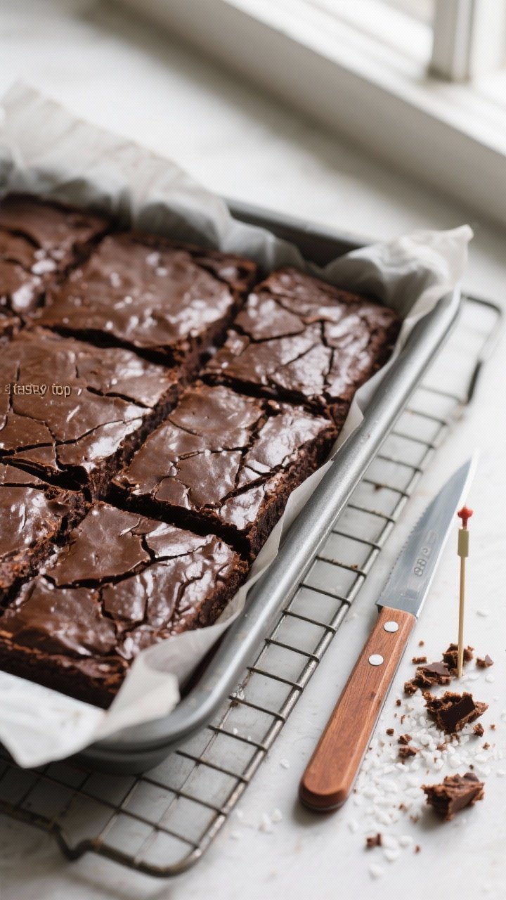 Overhead “tasty top” shot: Freshly baked pan of double chocolate protein brownies in an 8x8 parc