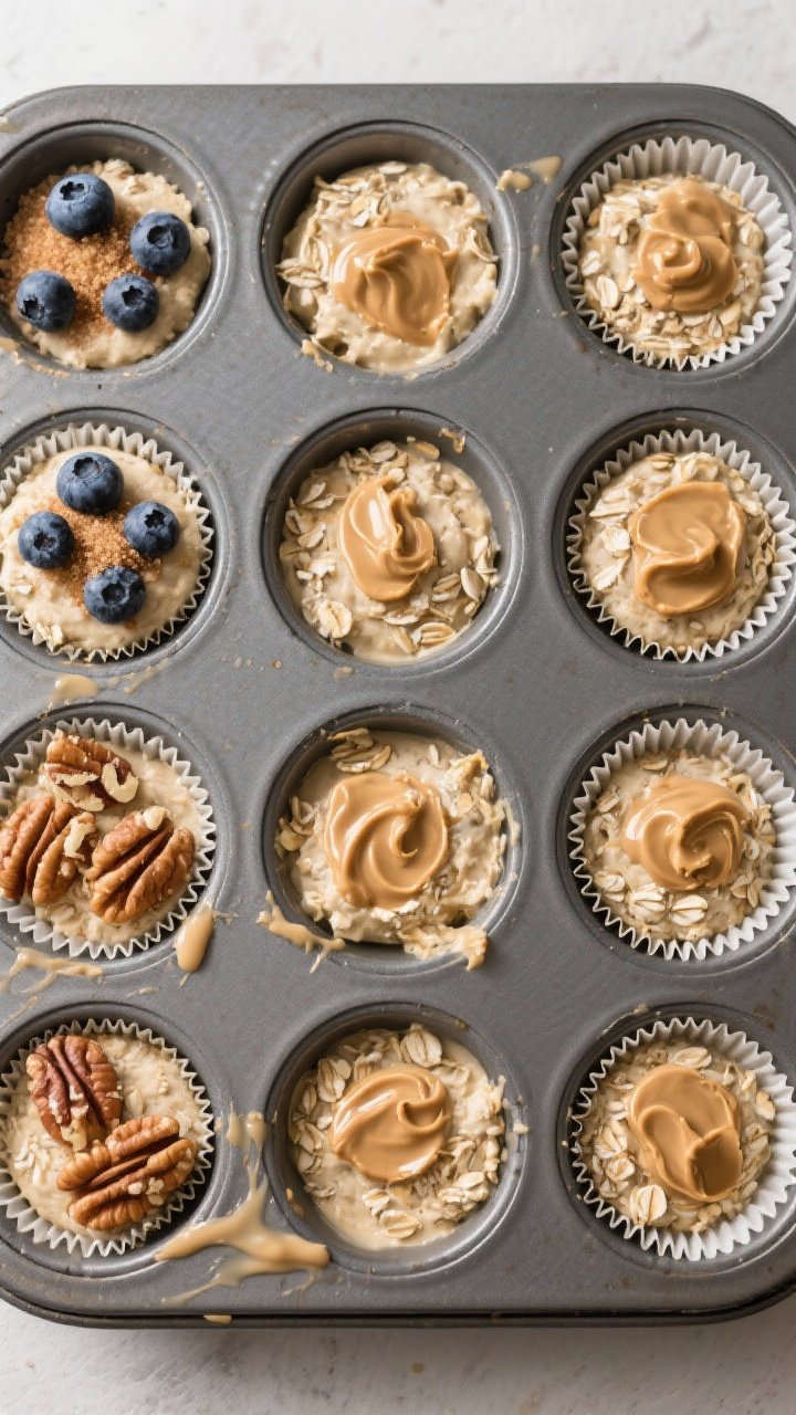 Overhead “tasty top view”: A 12-cup muffin pan filled 3/4 with scoopable batter showing visible 
