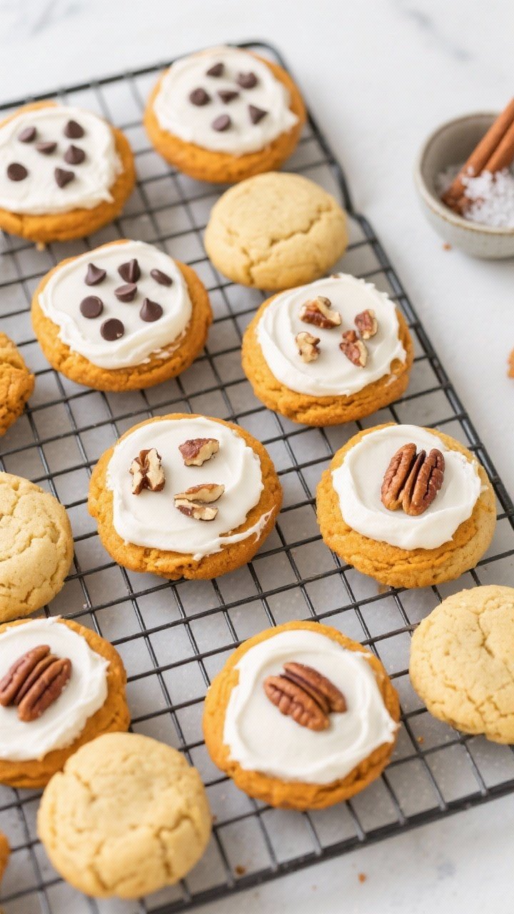 Overhead tasty top view: A cooling rack filled with frosted pumpkin cookies arranged in a loose grid