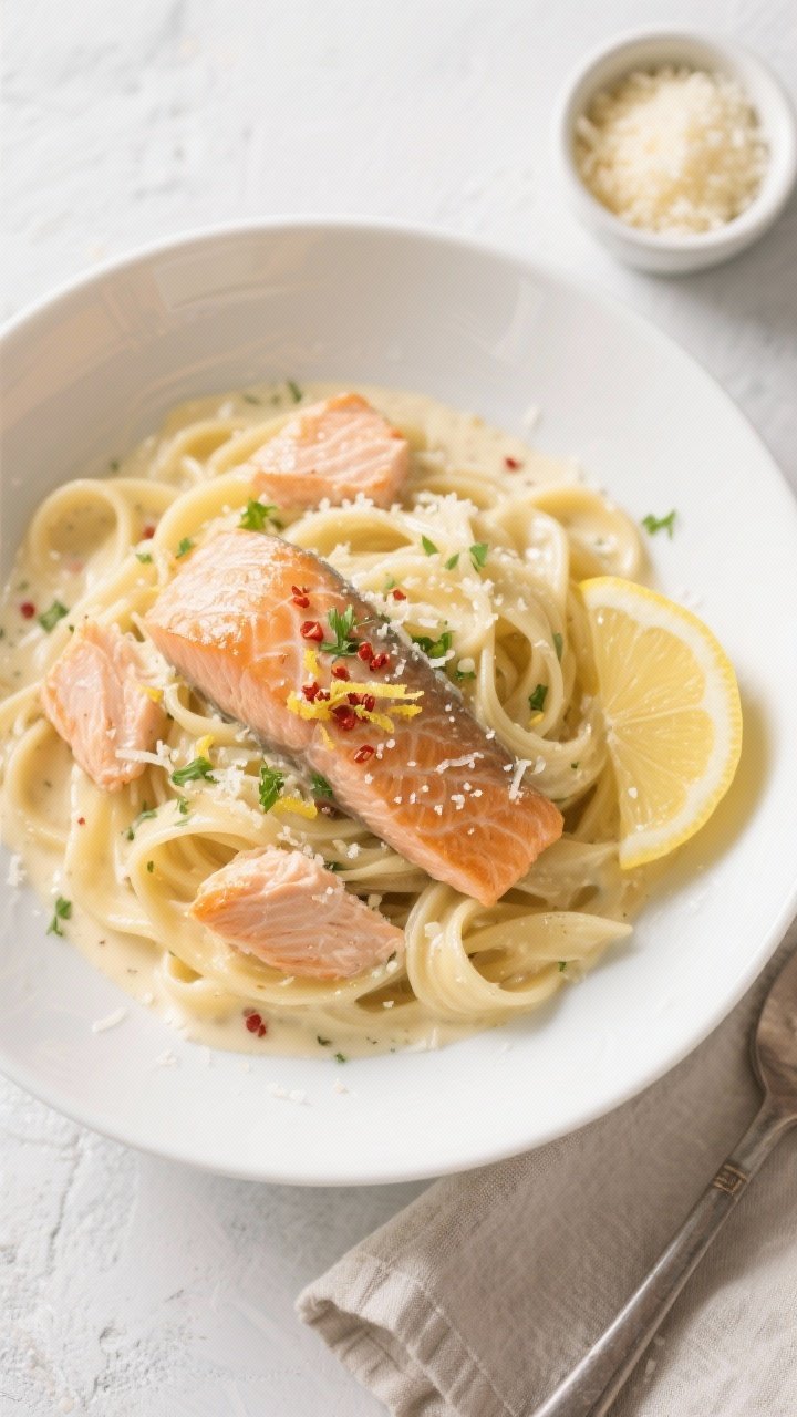 Overhead “tasty top view”: Creamy Salmon Alfredo Pasta in a wide, shallow white bowl, glossy fet