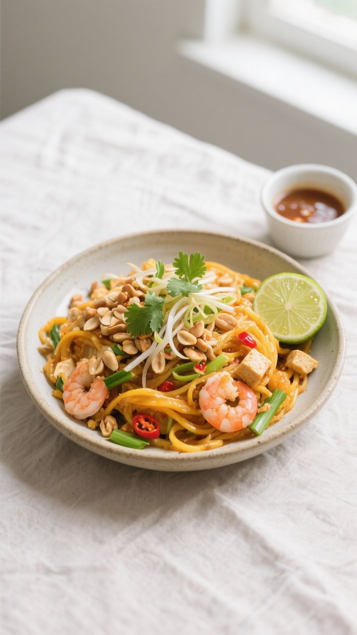 Overhead tasty top view: Final plated Spaghetti Squash Pad Thai in a wide shallow ceramic bowl, topp
