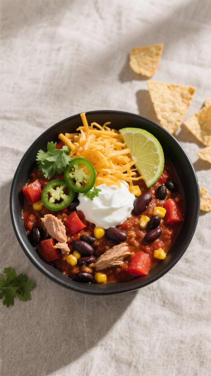 Overhead “tasty top view”: Final turkey chili in a wide matte-black bowl, scoopable not soupy, w