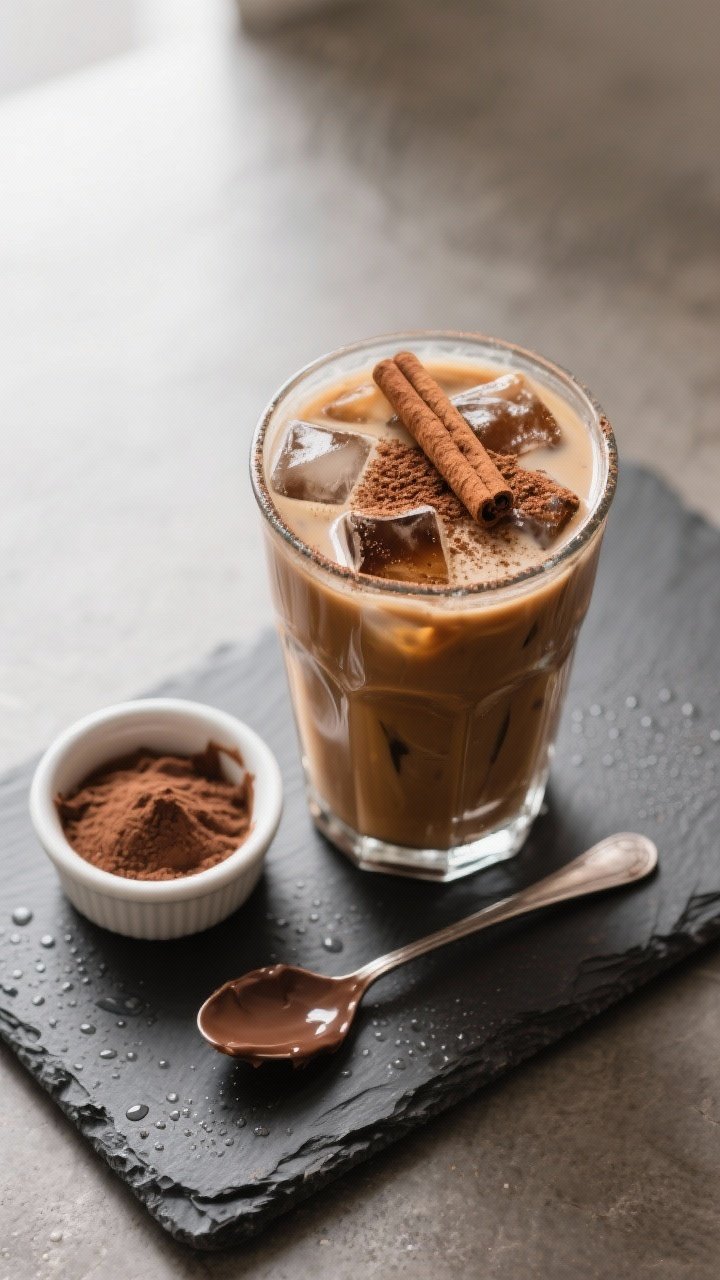 Overhead “tasty top view”: Finished mocha protein iced coffee in a tall clear glass, topped with