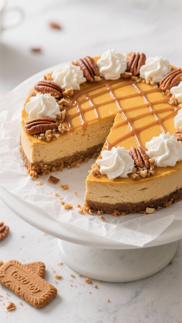 Overhead “tasty top view”: Fully chilled pumpkin cheesecake on a parchment-lined turntable, topp