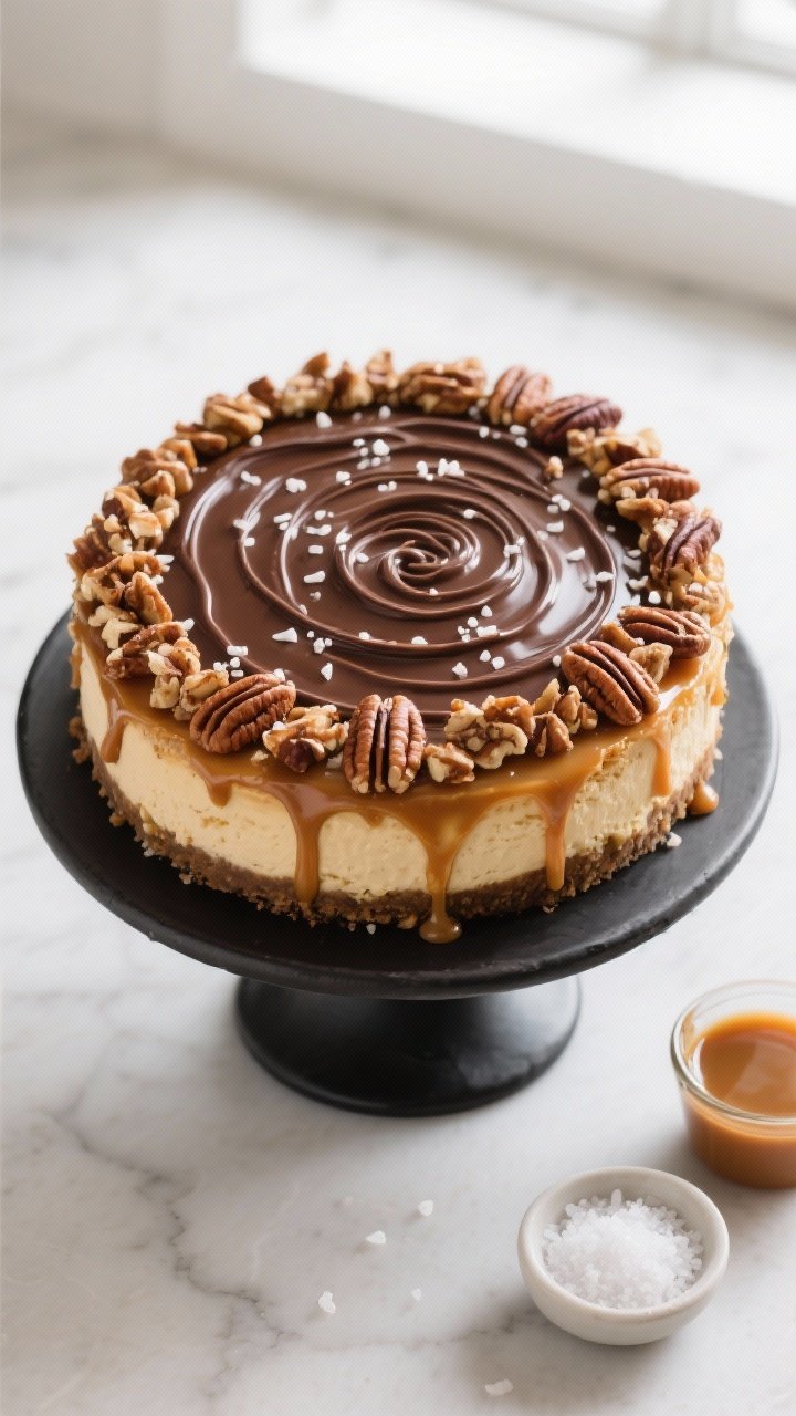Overhead tasty top view: Fully topped turtle cheesecake on a matte black cake stand—generous caram