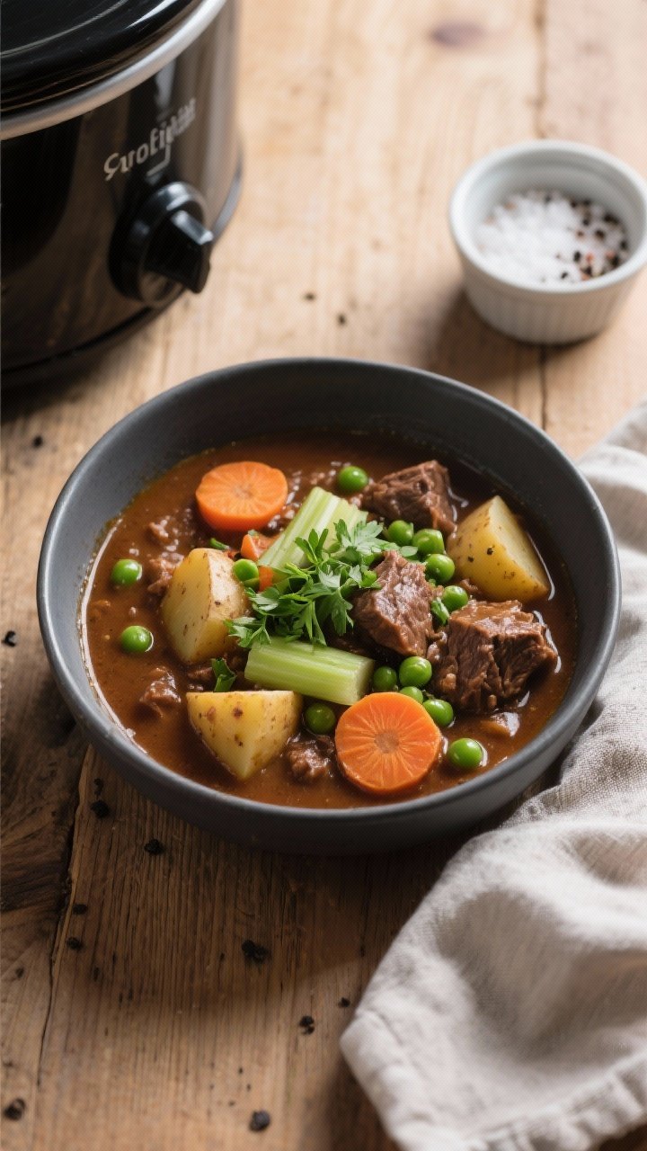 Overhead tasty top view: Hearty crockpot beef stew ladled into a wide, matte charcoal bowl on a wood
