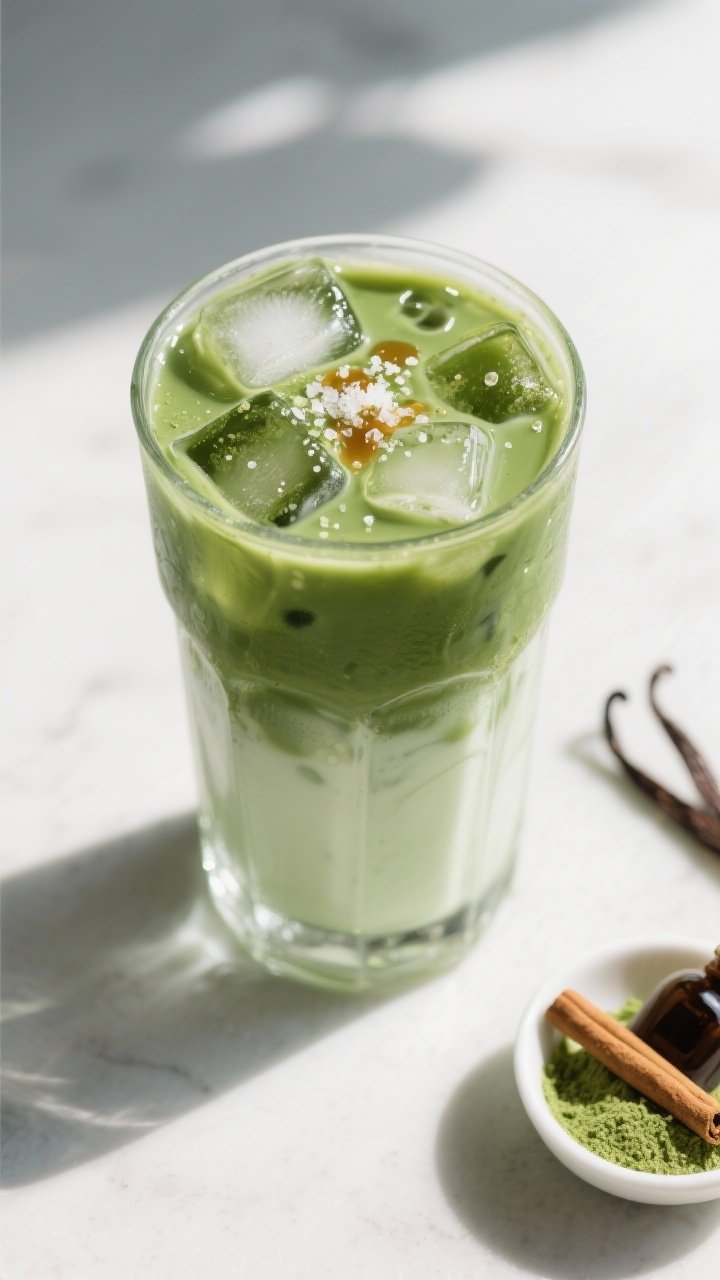 Overhead tasty top view: Iced Matcha Green Tea Protein Powder Latte in a tall clear glass packed wit