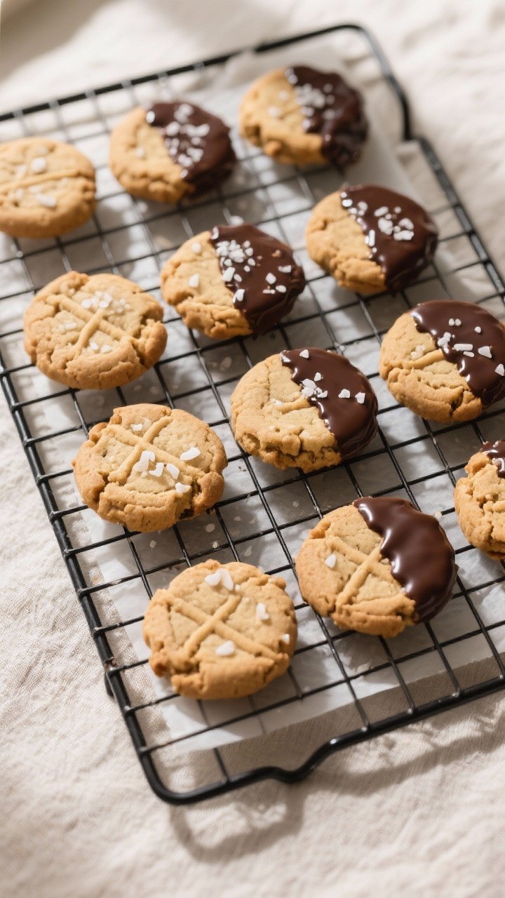 Overhead “tasty top view” of a cooling rack filled with peanut butter cookies finished two ways: