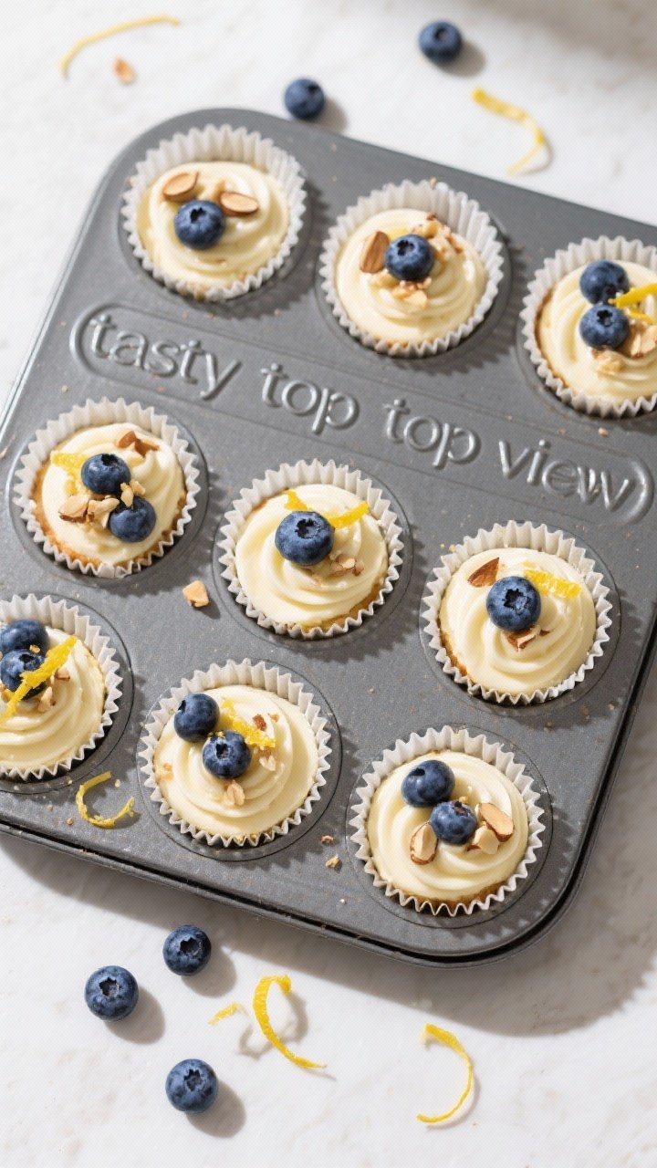 Overhead “tasty top view” of a finished tray of 12 blueberry cheesecake cups in a muffin tin, fu