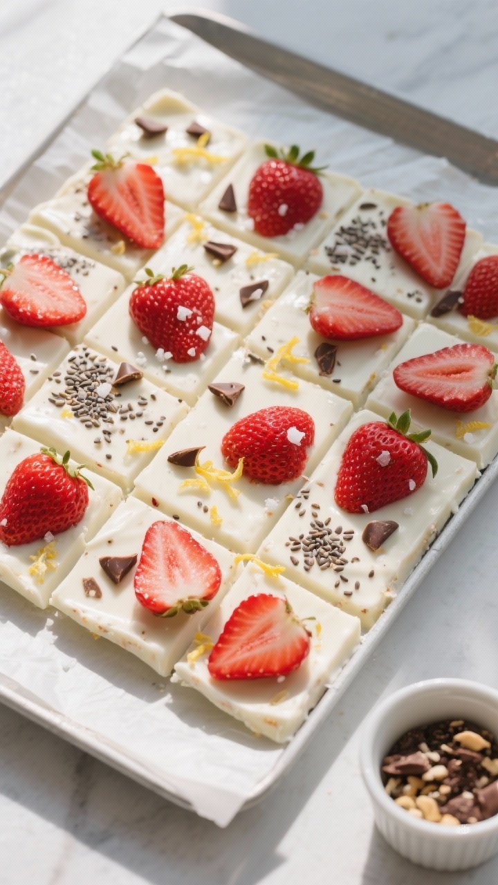 Overhead “tasty top view” of a neatly scored and snapped tray of strawberry Greek yogurt bark on
