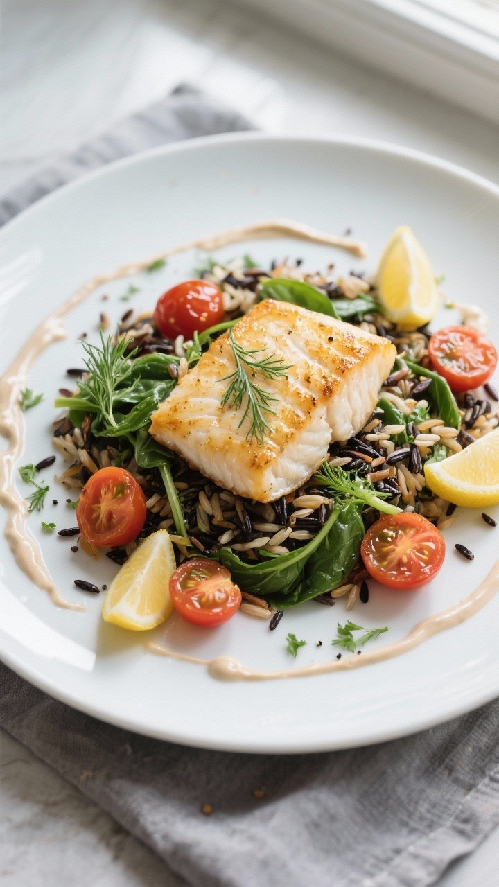 Overhead “tasty top view” of a plated final dish: herbed wild rice base (wild rice blend with vi