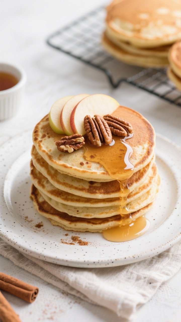 Overhead “tasty top view” of a warm pancake stack on a white stoneware plate: 5 thick, evenly go