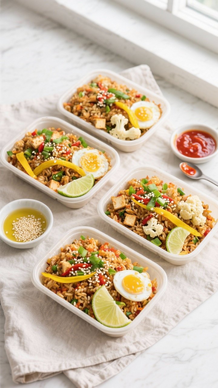 Overhead tasty top view of finished spicy cauliflower fried rice portioned for meal prep: four neat 