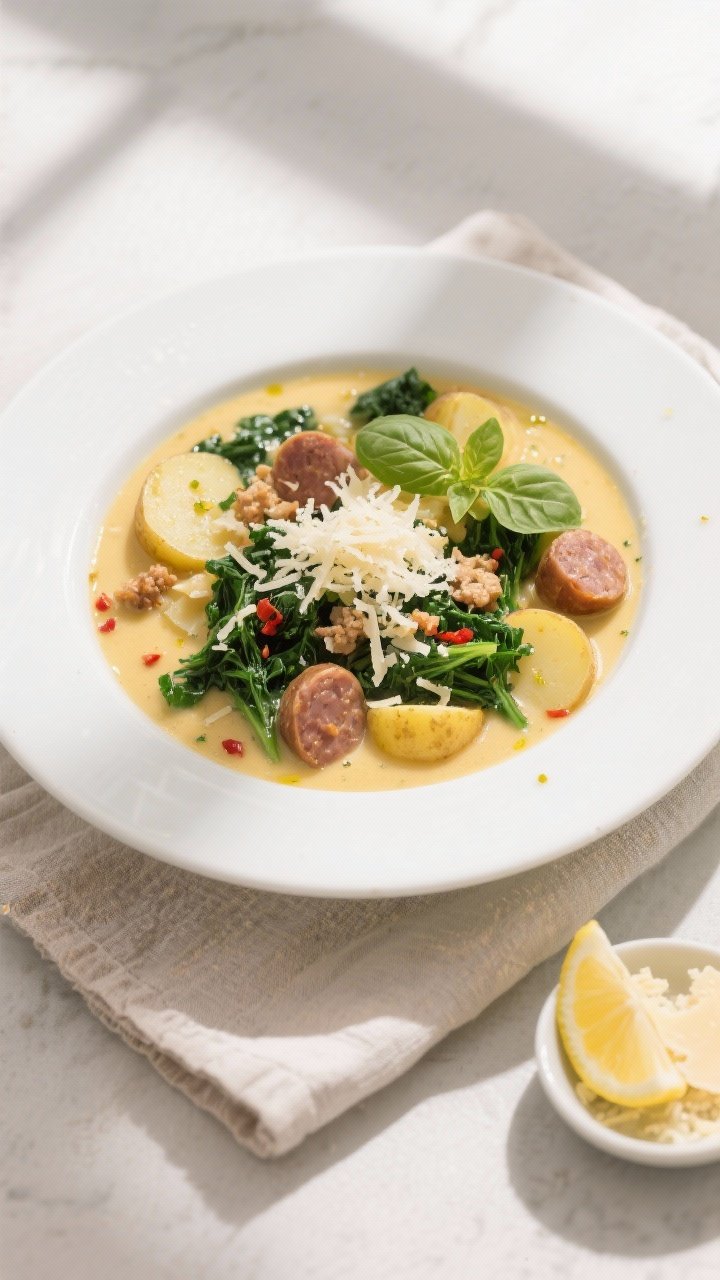Overhead “tasty top view” of the finished Creamy Tuscan Sausage Soup: velvety golden-cream broth