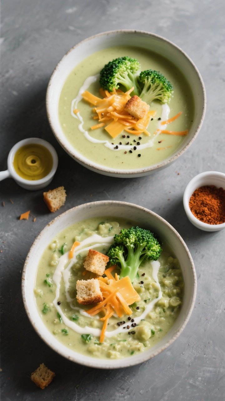 Overhead “tasty top view” presentation: Top-down shot of two bowls of broccoli cheddar soup—on