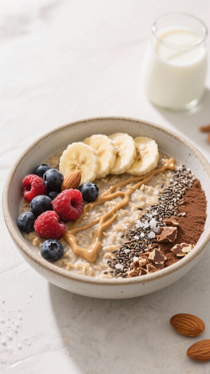 Overhead “tasty top view” shot: Final bowl of Almond Butter Protein Overnight Oats styled for br